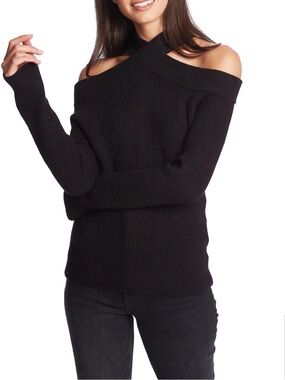 Cross Neck Cold Shoulder Cotton Blend Sweater